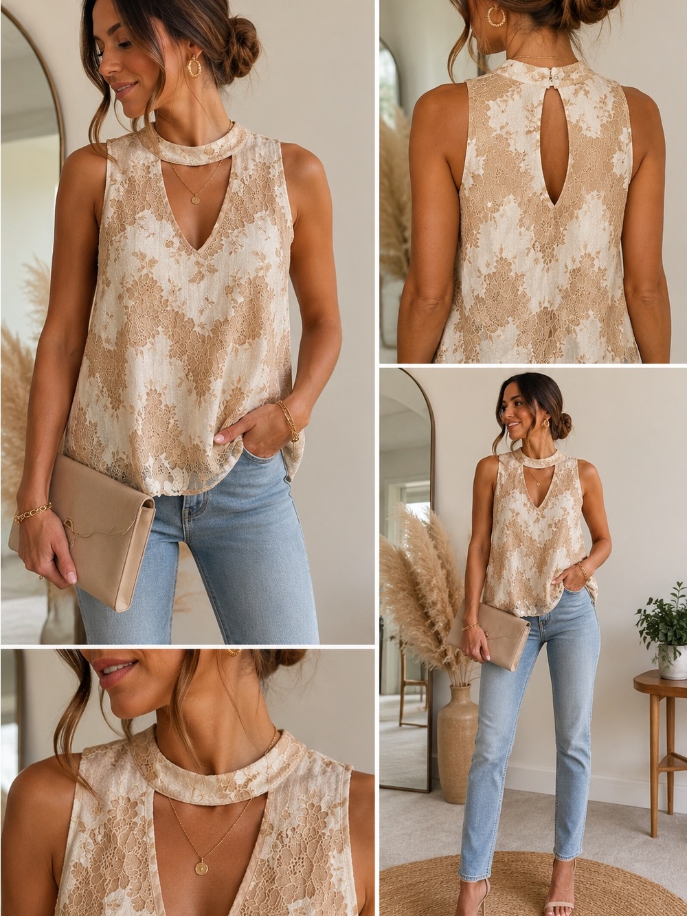 Abbeline Lace Mock Neck Keyhole Blouse M
